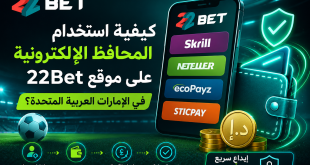فنان ترويجي باللغة العربية يشرح استخدام المحافظ الإلكترونية (Skrill وNeteller وecoPayz وSticpay) على موقع 22Bet مع هاتف منظم وصورة عملات ذهبية، وتذييل ي highlight خطوات الإعداد والإيداع.